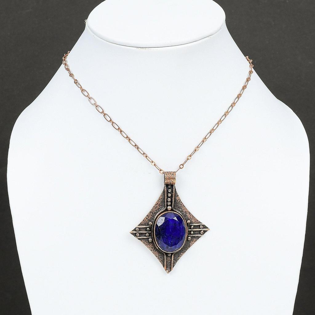 Подвеска с граненым синим сапфиром, подвеска из меди, подвеска ручной работы, этнические украшения, подвеска из драгоценных камней, подвеска из меди, дизайнерская подвеска, подарки для него