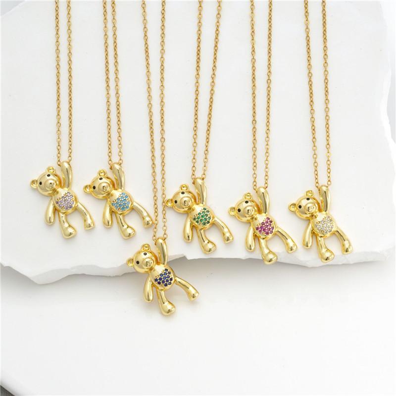 Cute Cartoon Bear Zircon Pendant Necklace Stainless Steel Chain High Grade Animal Choker Jewelry Party Gifts For Women Girls