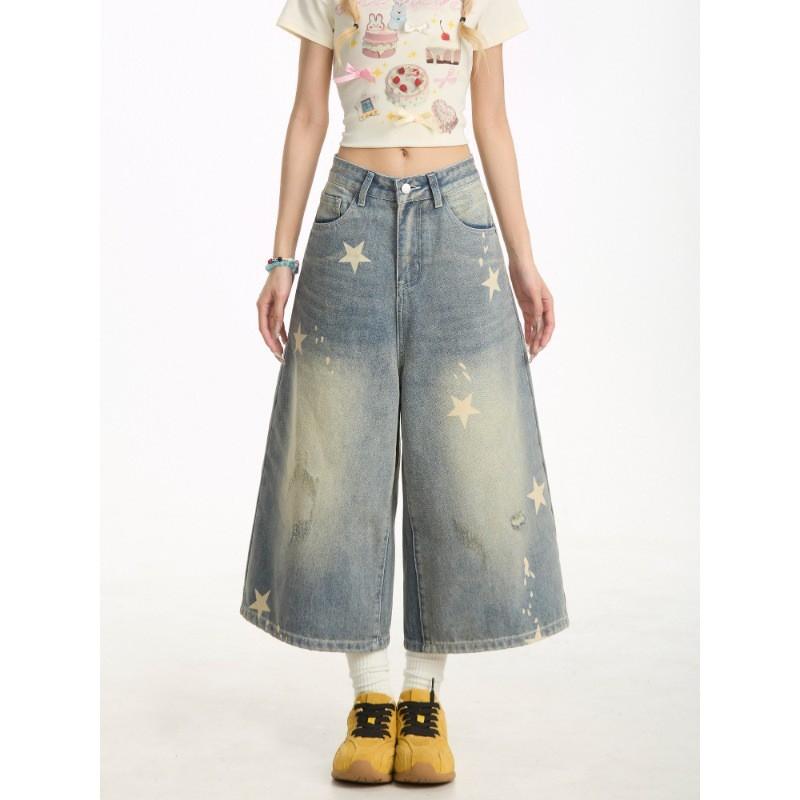Womens Vintage Star Embroidered Denim Shorts Loose Wide Leg Casual Cropped Jeans