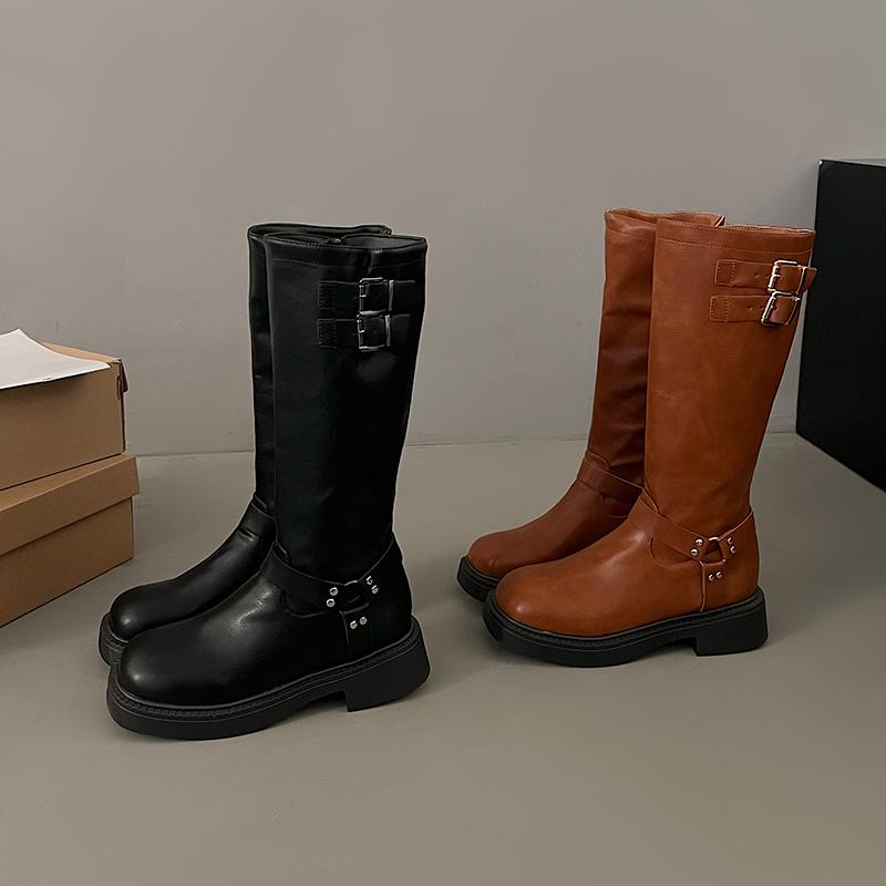 2024 Новые зимние джинсовые сапоги женские ретро коричневые с пряжкой на ремне круглые высокие сапоги длиной до колена