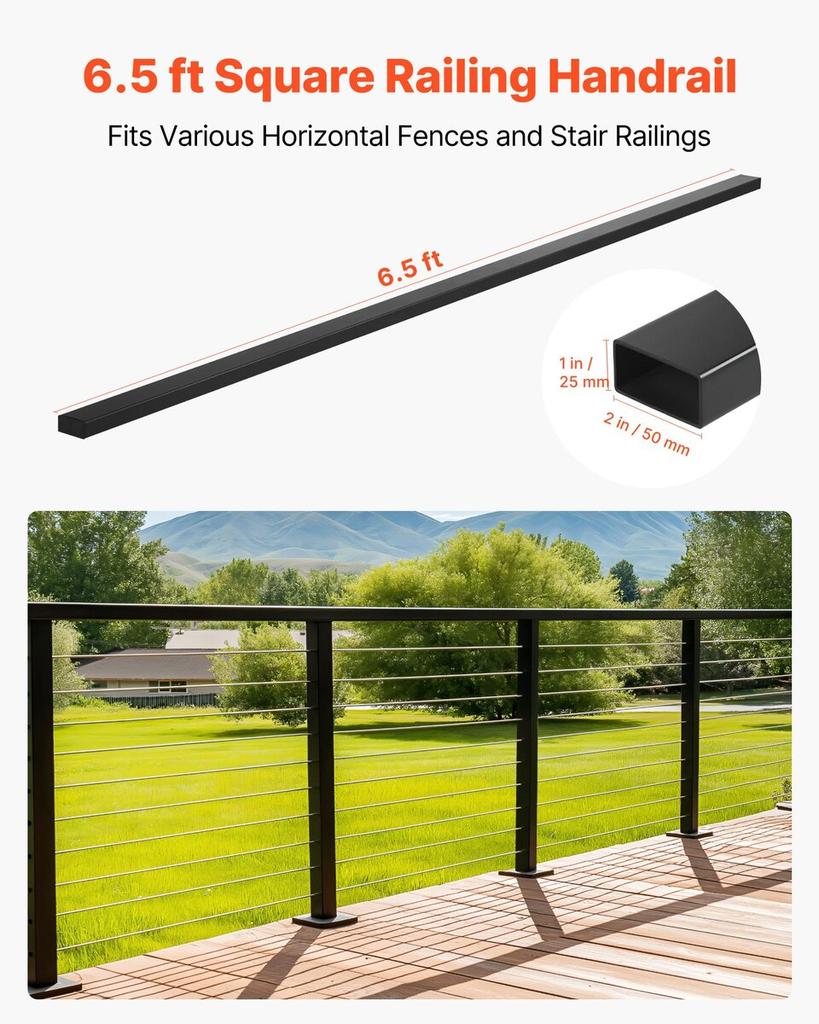 4 Pack 198 cm Stainless Steel Handrail, Rectangular Top Stair Deck Hand Rail for Outdoor/Indoor Steps with End Cap,Matte Black Coating Adjustable