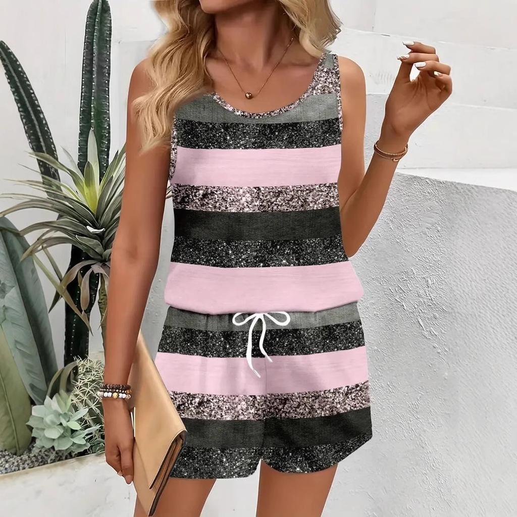 Europe and America 1116 new fashion casual striped crew neck vest shorts set WN11 + WS1