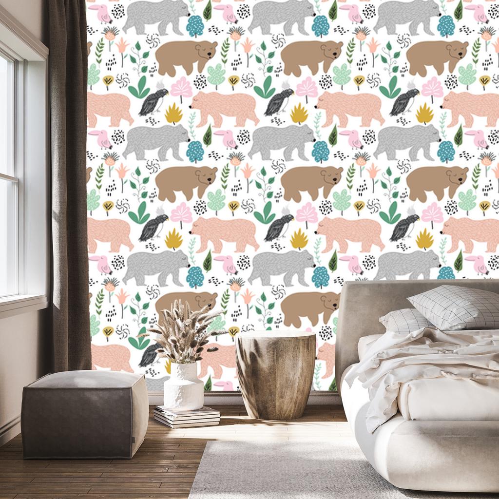 Colorful Teddy Bears and Birds Wallpaper for Living Room and Bedroom 50x1000