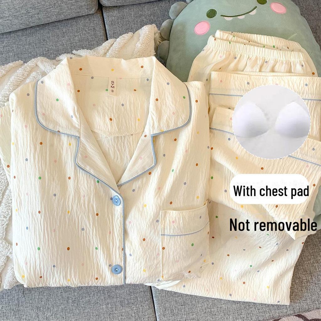 Женский пижамный комплект из хлопка в горошек: Кардиган с длинными рукавами и нагрудными накладками на весну и осень