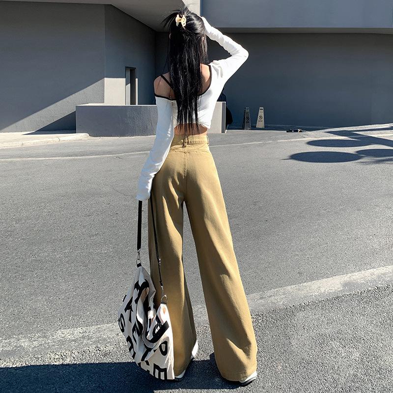 Khaki wide-leg jeans women's autumn new design sense high waist loose and thin drape floor machete pants
