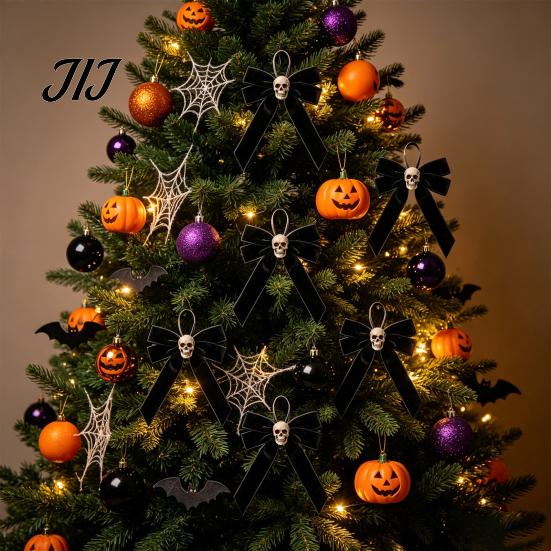 Flannel Skeleton Wall Decor Halloween Velvet Bows with Skull Ornaments for Tree Decoration, Black Gothic Pendant Bow Hanging Home Holiday Party Creepy