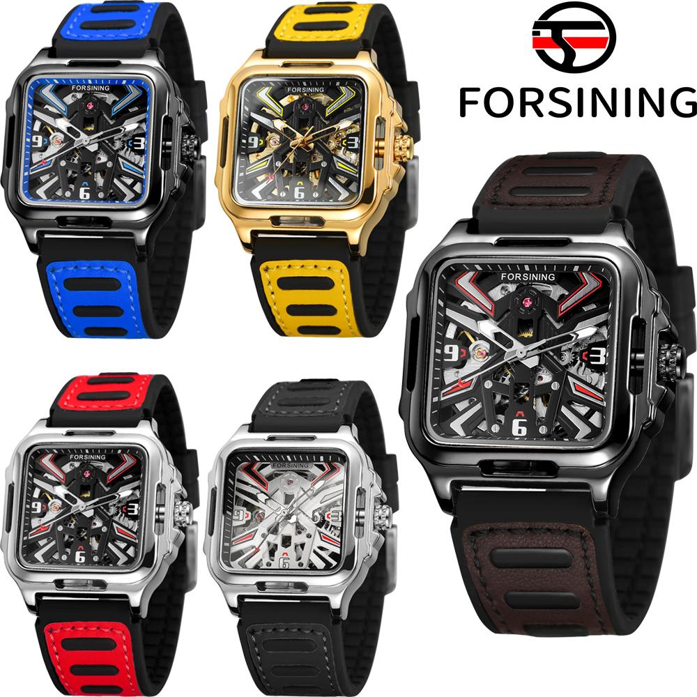 Luxury Square Transparent Skeleton Mens Watches Field Sports Rubber Band Mechanical Watch Luminous Waterproof Reloj Hombre 2024