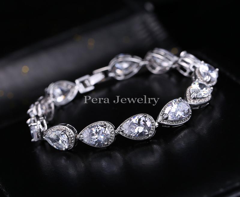 Pera Luxury Wedding Party Jewelry Silver Color Big Water Drop White CZ Crystal Chain Link Bracelets Bangles for Bridesmaid B001