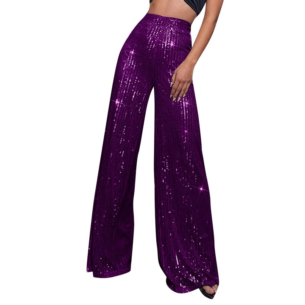Women's Fashion Solid Color High Waist Sequin Side Zipper Draped Wide Leg Pants