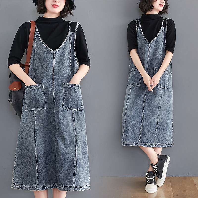 Women Summer Dress Sleeveless Dress Elegant Long Dress Loose Denim Blue Basic Dresses
