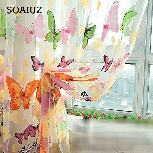 Прозрачные шторы с цветочными бабочками Прозрачные вуаль Тюль Оконные шторы