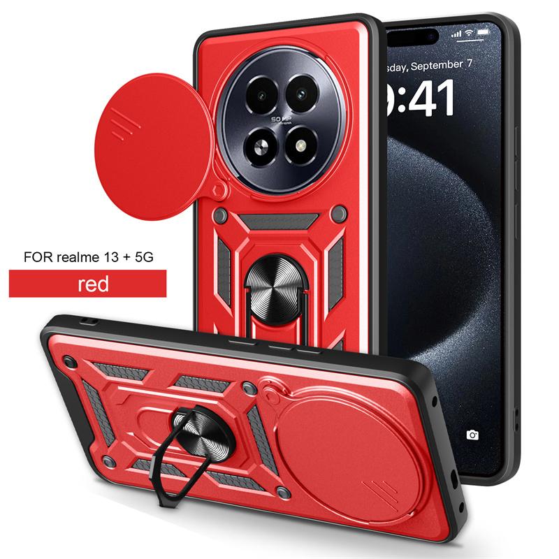 Для Realme 13+ 5G Чехол Сдвижная Шторка Камеры Бронированные Чехлы для Телефона Для OPPO Realme 13 Plus 5G RMX5002 Магнитный Держатель-Кольцо Задняя Крышка