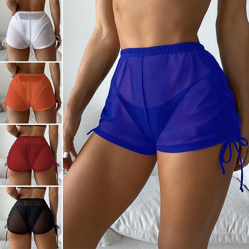 Women's Drawstring Swimwear Beach Shorts Mesh Bikini Cover Transparent Summer