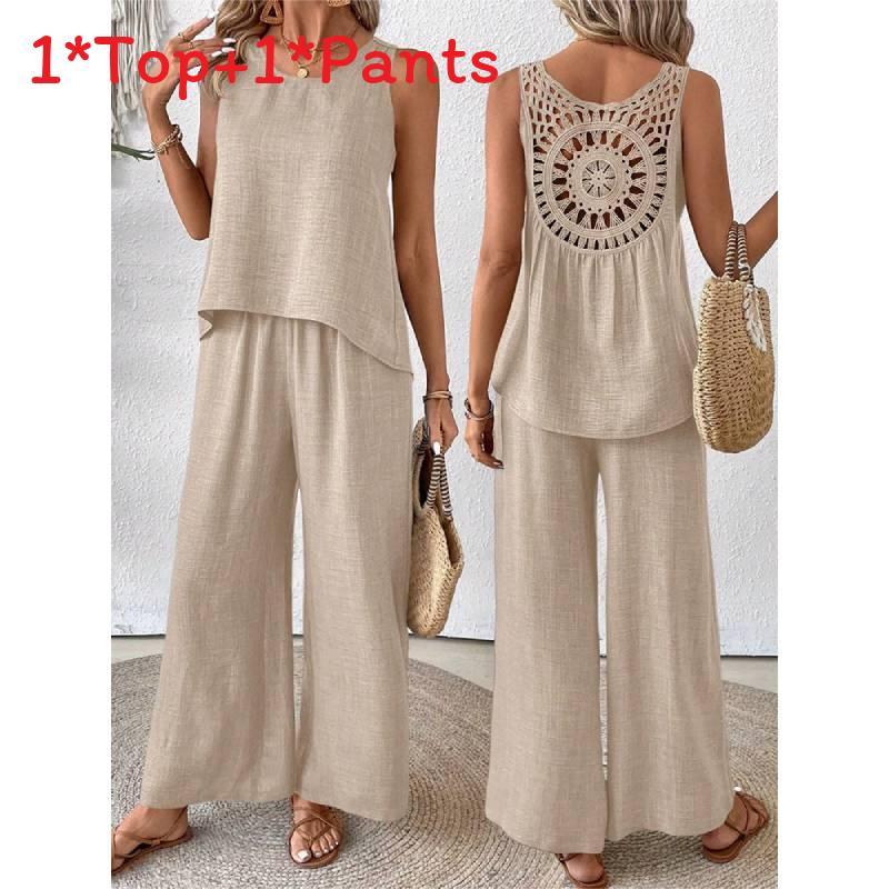Bohemian Style Sleeveless Top And Wide Leg Pants Set With Polyester Fabric For Casual Summer Wear