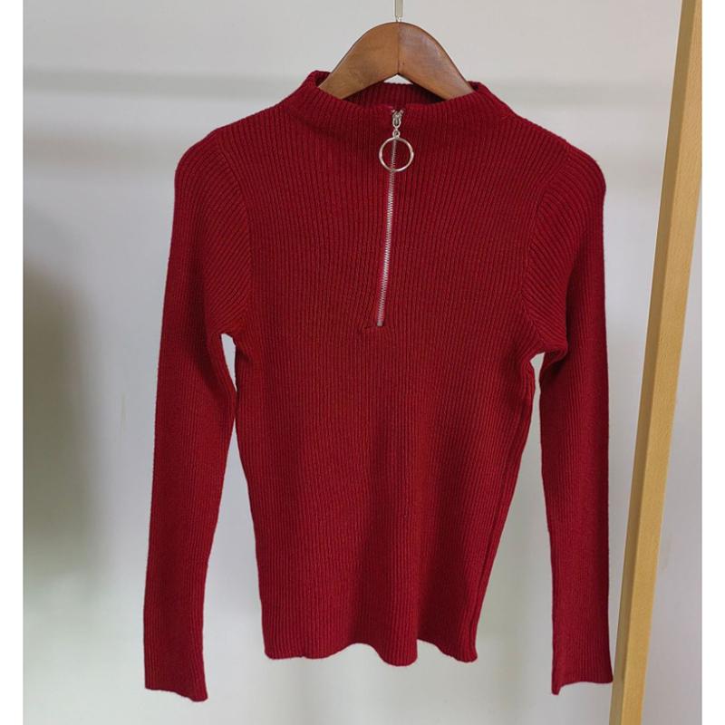 Autumn and Winter Half High Collar Zipper Knitted Sweater Women Fashion Long Sleeve Warm Base Women Sweaters Tops Solid Slim Pullover Knitwears 24966