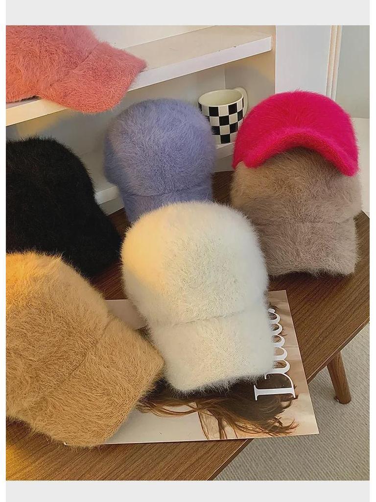 Женская бейсболка из меха кролика в корейском стиле - теплая, мягкая зимняя шапка для большой окружности головы, стройнящий белый дизайн