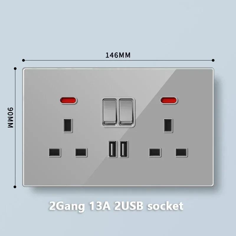 Universal Tempered Glass Dual 3 Pin Power outlet,UK 13A Wall Plug Socket with 20W Fast charge,Home Electrical 2way Light Switch