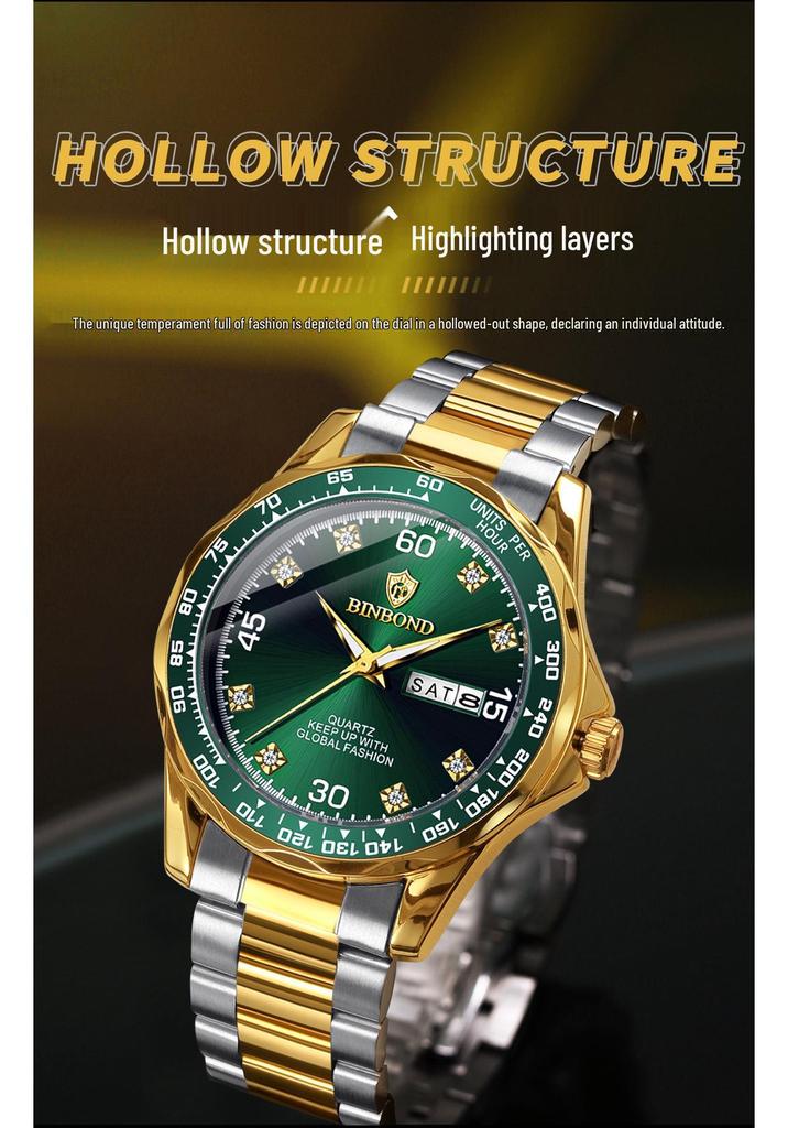 Мужские кварцевые часы Binbang Green Submariner, двойной календарь, стальной браслет, водонепроницаемые, для бизнеса.