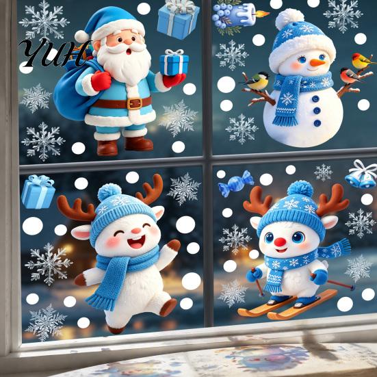Decorative Window Sticker Christmas Static Glass Sticker, Santa Claus Snowman Reindeer PVC Cling, Reusable Waterproof Decal for Holiday Party Supplies