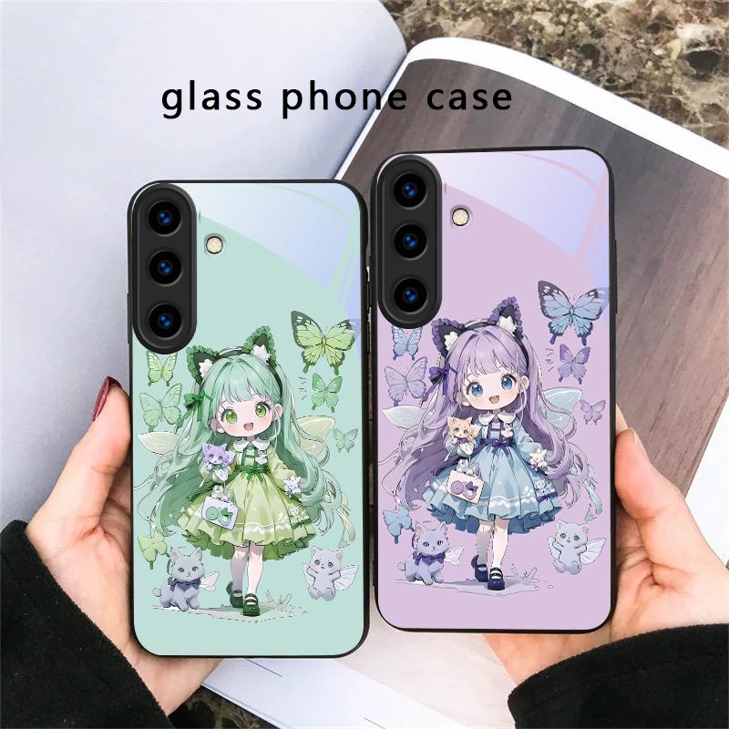 Q-версия Синяя Бабочка Для Samsung Galaxy S20 S21 S22 S23 Plus S24 FE S25 Ultra S26 Edge S25+ S20+ S22+ Черный Стеклянный Чехол для Телефона