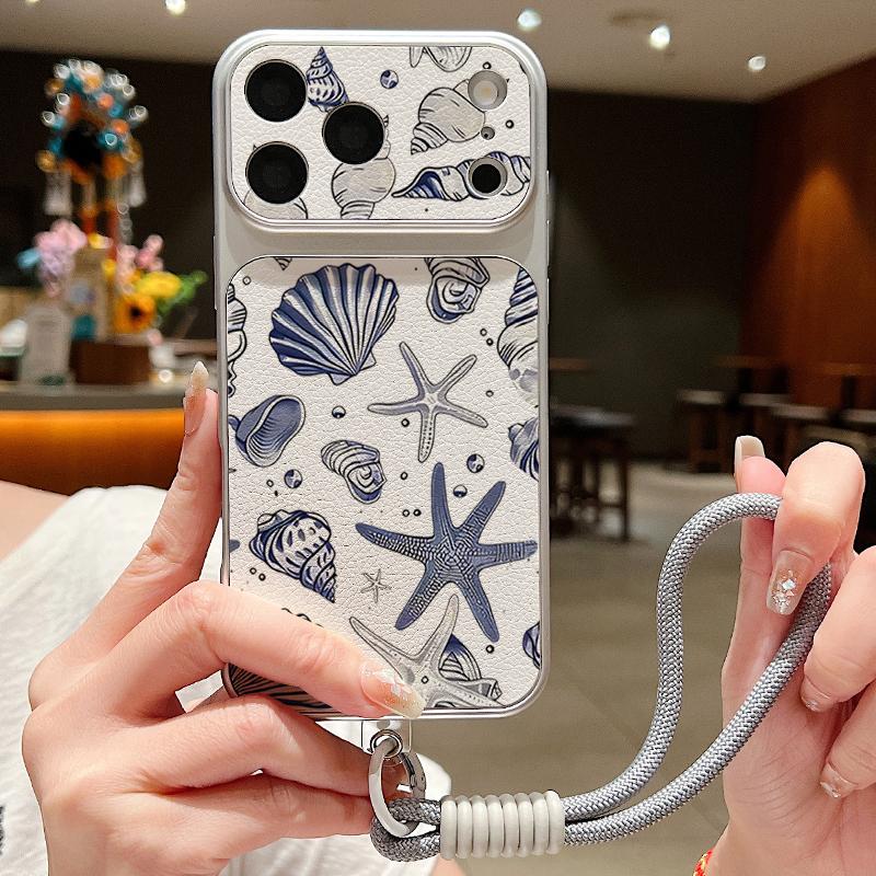 Синий Китовый Акула Ракушка Кожаный Шнурок Чехол Для iPhone 18 Pro Max 17 16 15 14 13 Pro Max Роскошный Гибридный ТПУ+ПУ Противоскользящий Мягкий Чехол Для Телефона