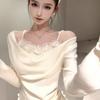 2025 Women's Patchwork Cowl Neck Off-Shoulder Long Sleeve T-Shirt with 3D Floral Design