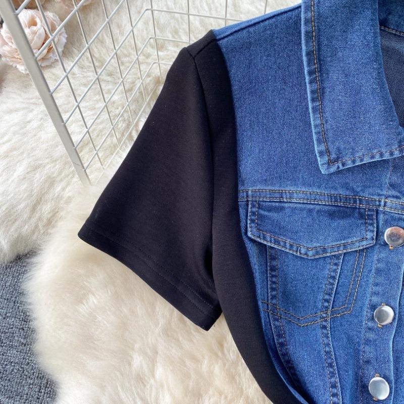 Темпераментные женские тонкие винтажные джинсовые платья средней длины с сочетанием цветов