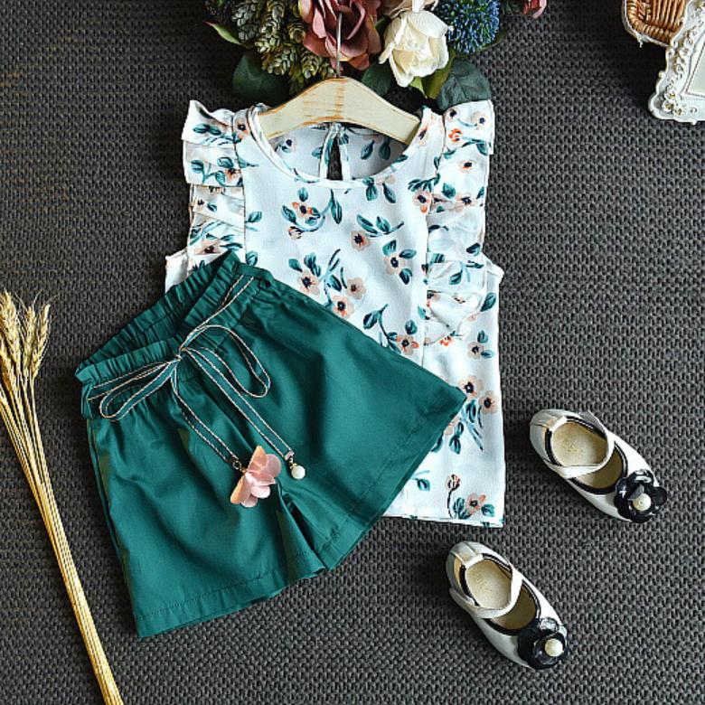 Комплект для девочек в пасторальном стиле, кружевной топ без рукавов с цветочным принтом, детский костюм из двух предметов