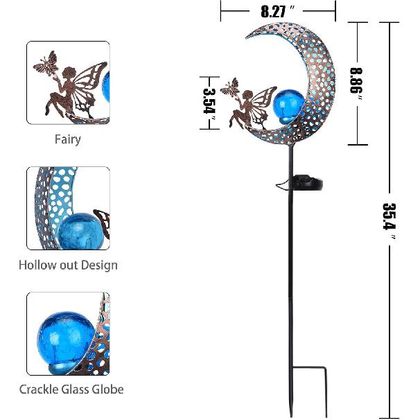 Solar Lights Outdoor - Garden Decorative Moon Solar Lights with Fairy Outdoor Metal Crackle Glass Globe Stake Garden Decor for Pathway, Lawn,Yard