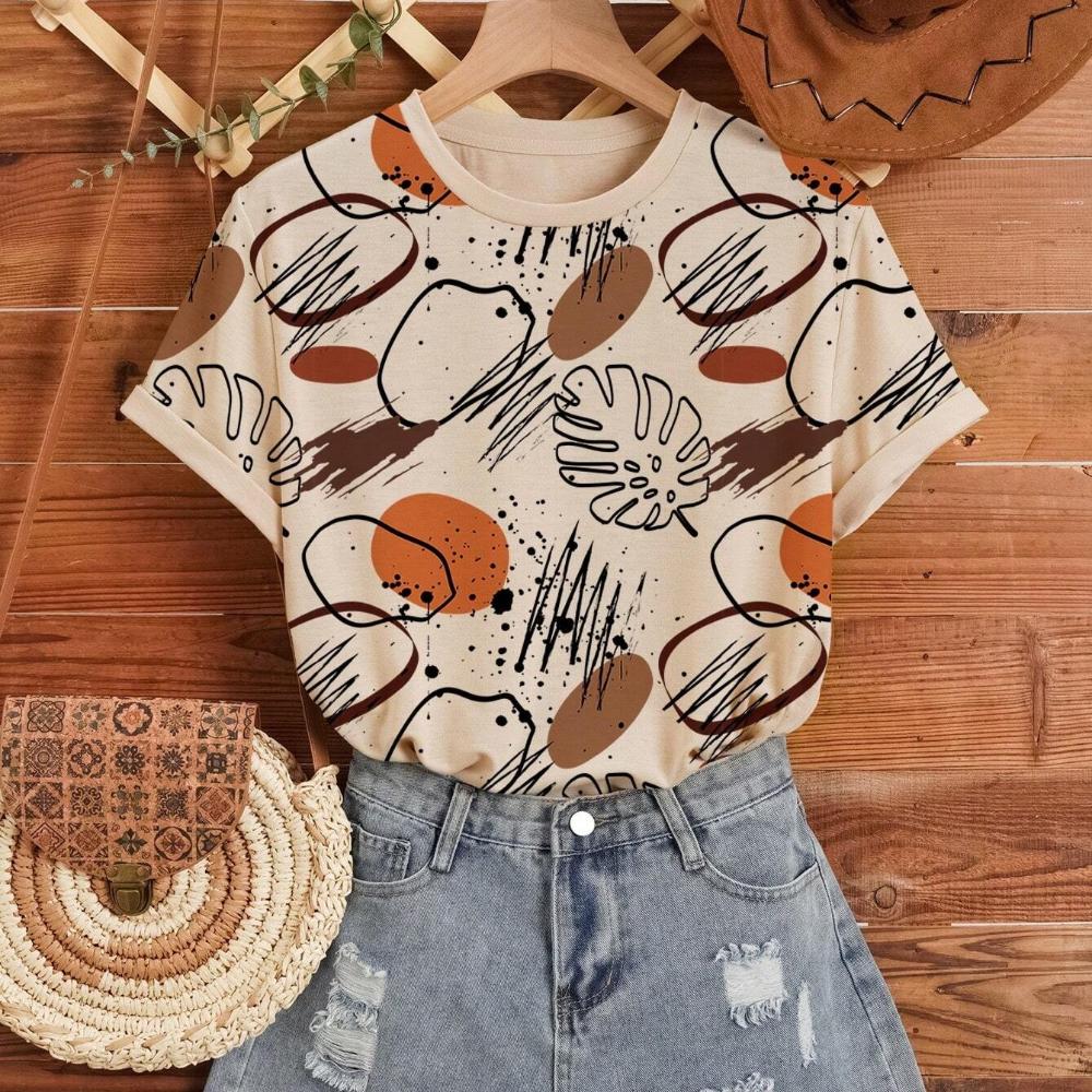 Elegant Retro Art Floral 3D Print Short Sleeved Womens T Shirt Summer New Fashion Trend Daily Comfortable Women's Clothing