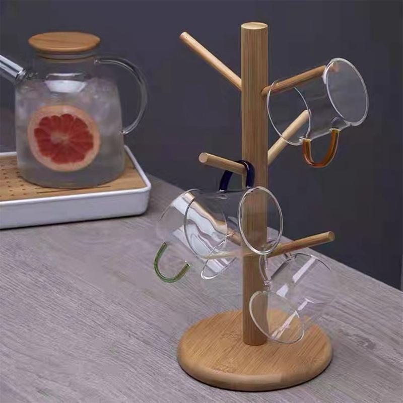 Подвесная стойка для показа кружек из дерева, полка для напитков с 6 крючками, подставка для хранения кофейных чашек в форме дерева, держатели для стаканов