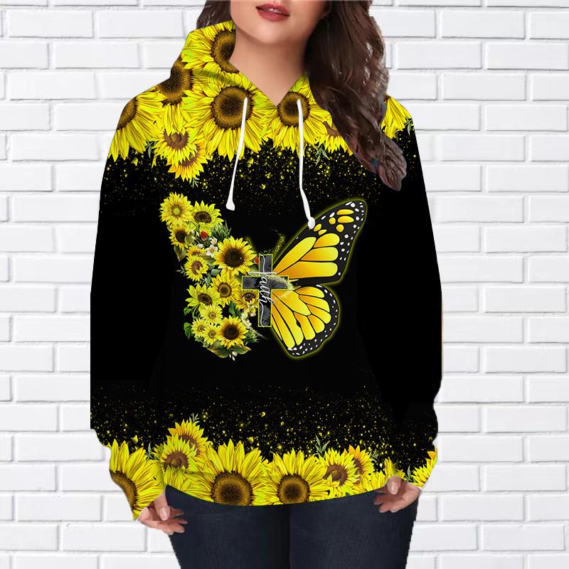 Женская мода Подсолнух Бабочка Принт Свободные Толстовки Топы Блузка Свитшот Повседневный Длинный Рукав Пуловер Топы