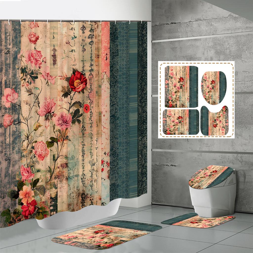 4 ШТ. Наборы штор для душа со шторкой для душа и ковриками, коврик для крышки унитаза, U-образный коврик и коврик для ванной, набор для ванной комнаты с 12 крючками