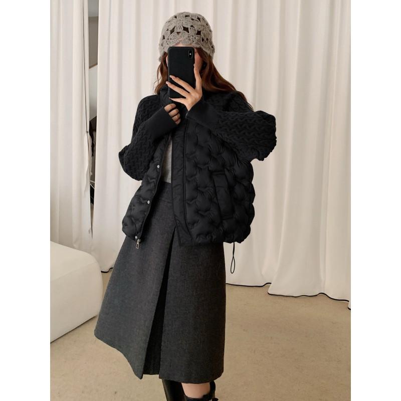 Womens Warm Puffer Coat With Knit Sleeve Patchwork Stand Collar Loose Fit Short Winter Jacket Small Stature