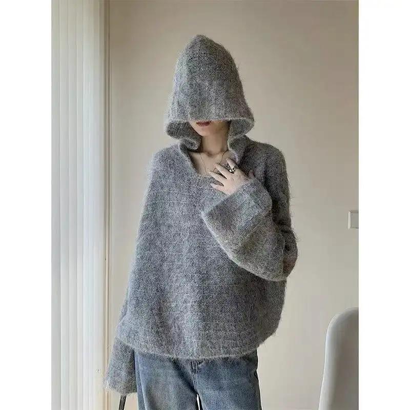 Шикарный Французский Мягкий Свободный Свитшот с Капюшоном Женский Осень Зима Пуловер Вязаный Свитер Топ