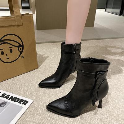 Модные европейские и американские короткие сапоги женские 2024 новые осенне-зимние модные сапоги на тонком каблуке туфли на высоком каблуке с принтом Trafza