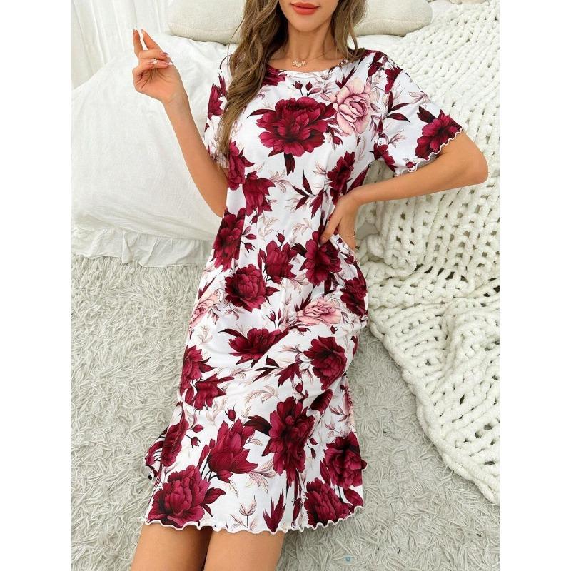 Большой размер, круглый вырез, короткий рукав, синий цвет с цветами абрикоса, домашняя одежда, ночная рубашка, платье, повседневный стиль, женская одежда с принтом