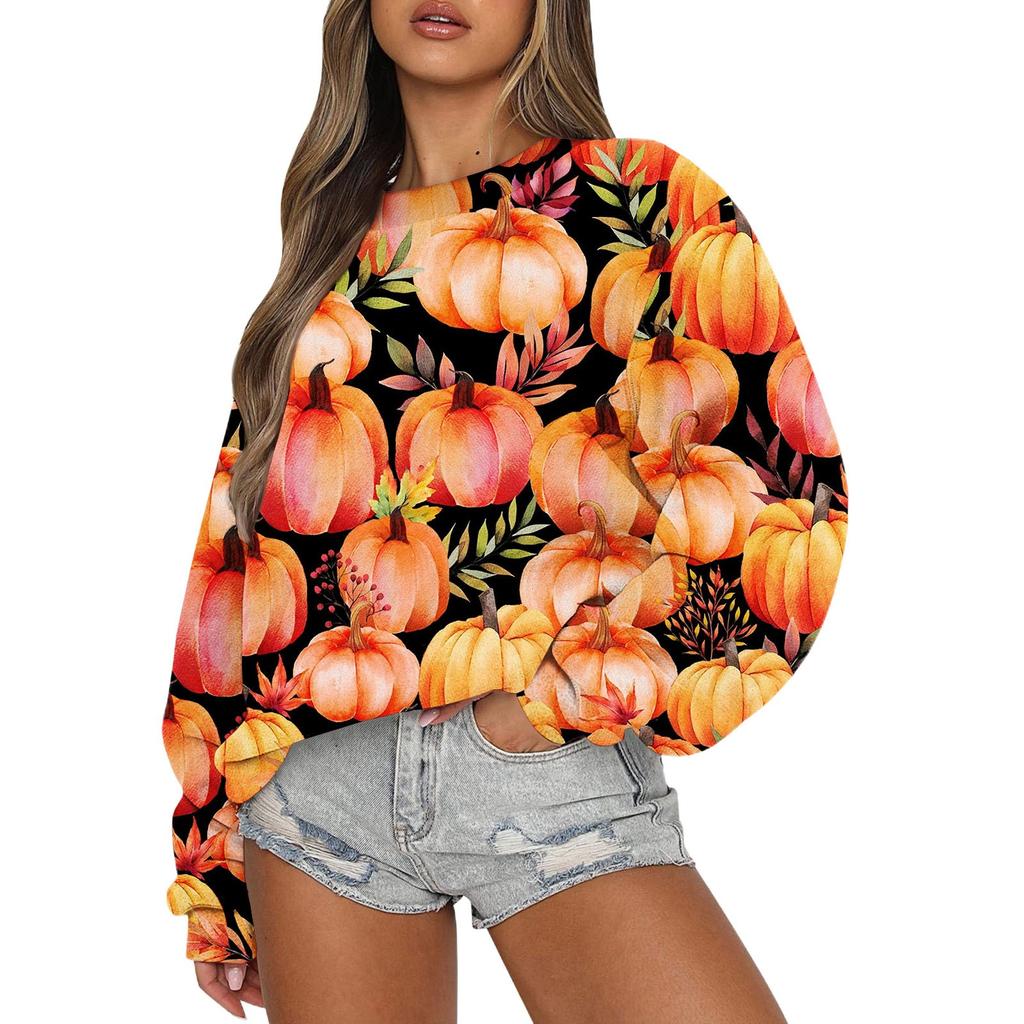 Свитшоты для женщин с длинным рукавом на Хэллоуин, повседневные, с круглым вырезом, свободные, пуловеры, свитшоты, топы