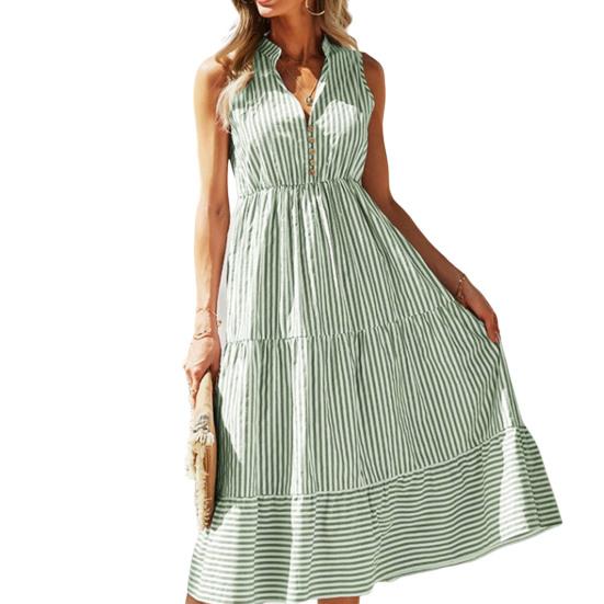 Женское летнее платье в полоску с принтом, эластичной талией, без рукавов, с большой пуговицей, повседневная одежда, контрастный цвет, V-образный вырез