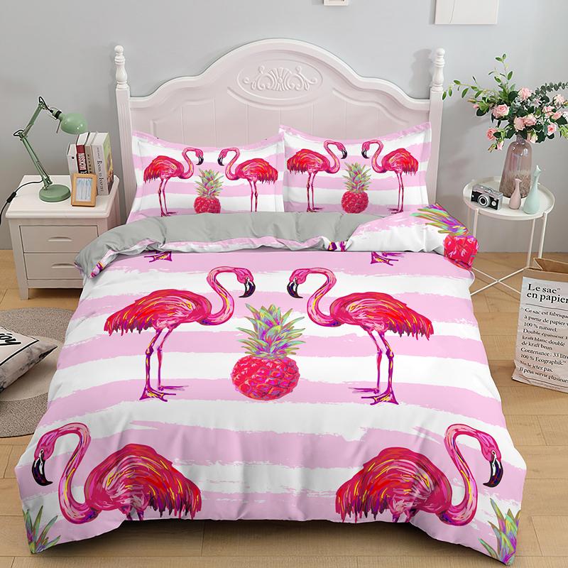 Комплект постельного белья с 3D-принтом фламинго, размер кинг/евро, мультяшный розовый, с животными, пододеяльник с наволочками 2/3 шт., полиэстеровый чехол для одеяла