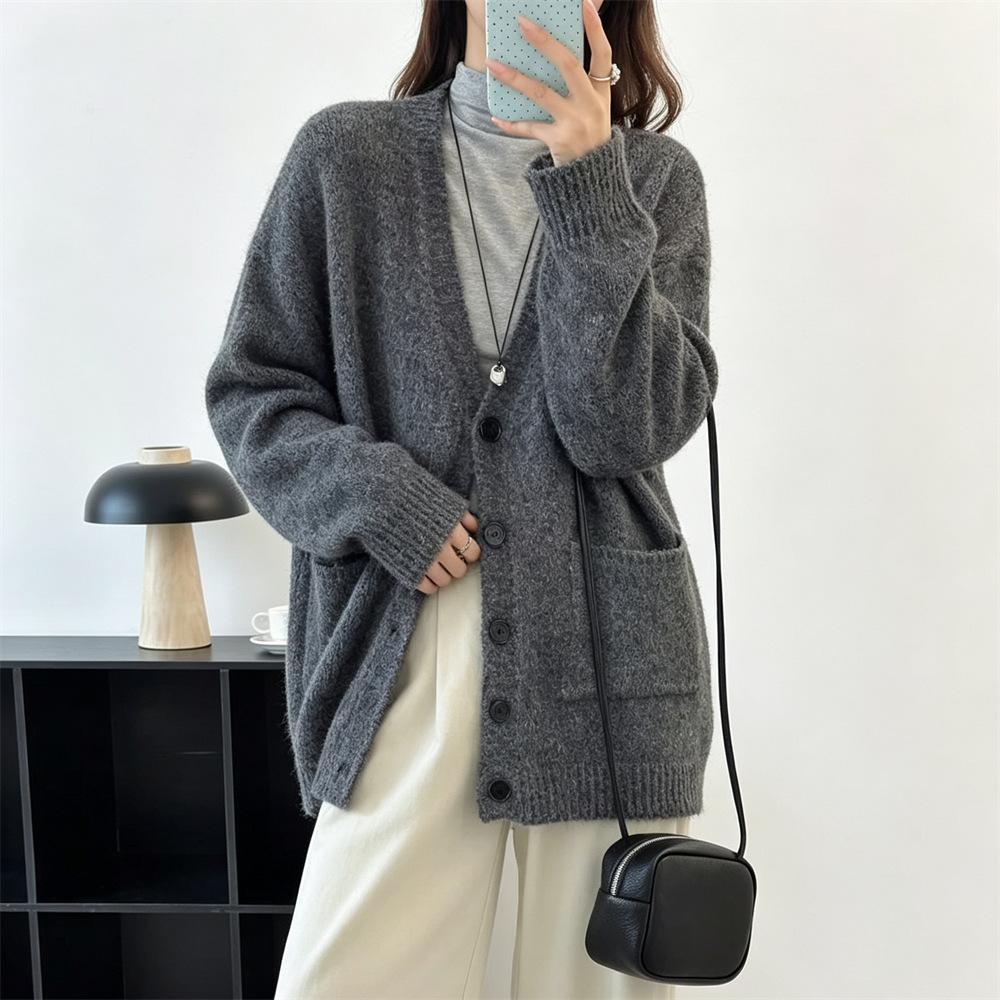 Korean version medium and long gray V-neck long-sleeved knitted cardigan women's autumn new fashion loose lazy wind sweater jacket
