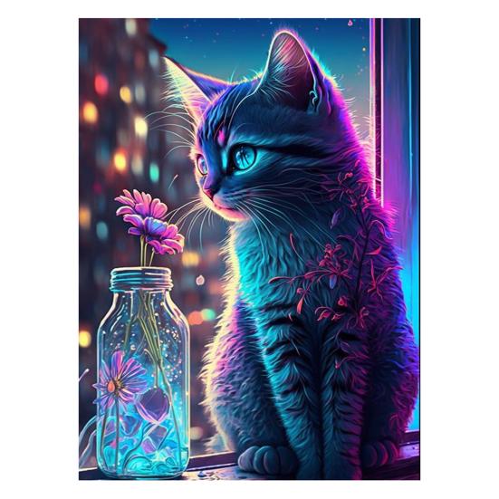 1 Set Cat Rhinestone Painting with Canvas Drill Tools Animal 5D Full Drill DIY Crafts Rhinestone Art Drawing Decoration Kit Beginners Adults Kids Gift