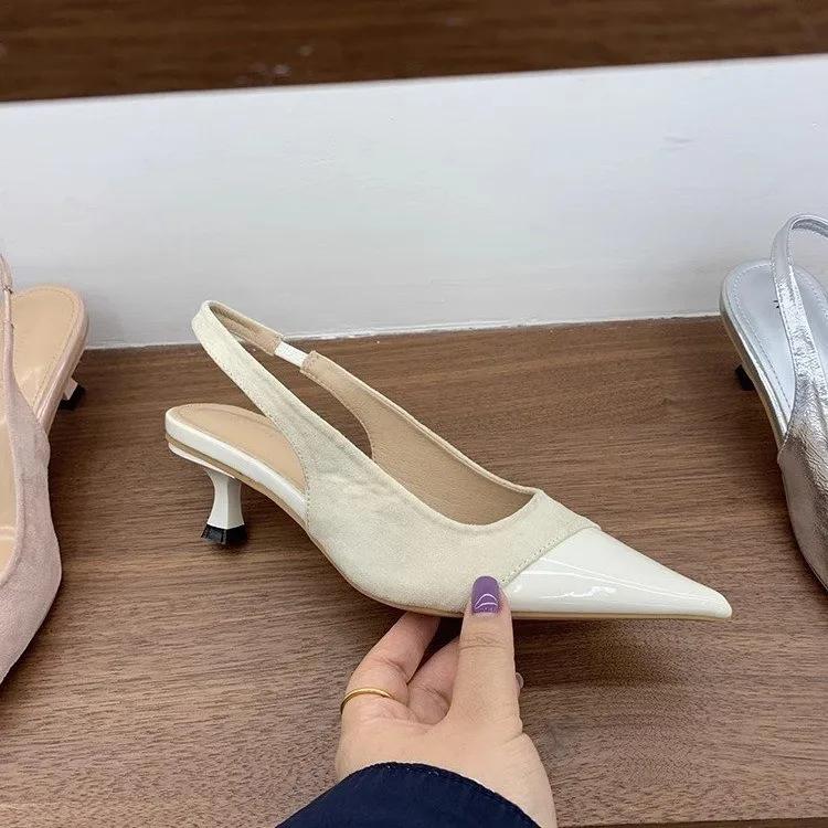 Fashion Fashion Pointed Toe Leather Faux Suede Splicing Women Pumps Elegant Slingback Buckle Strap Kitten Heel Mules Sandals for Women