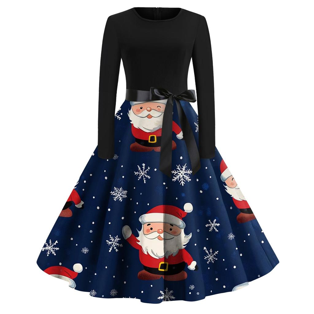 Women's Fashion Vintage Long Sleeve Round Neck Christmas Printed Party Gown Dress