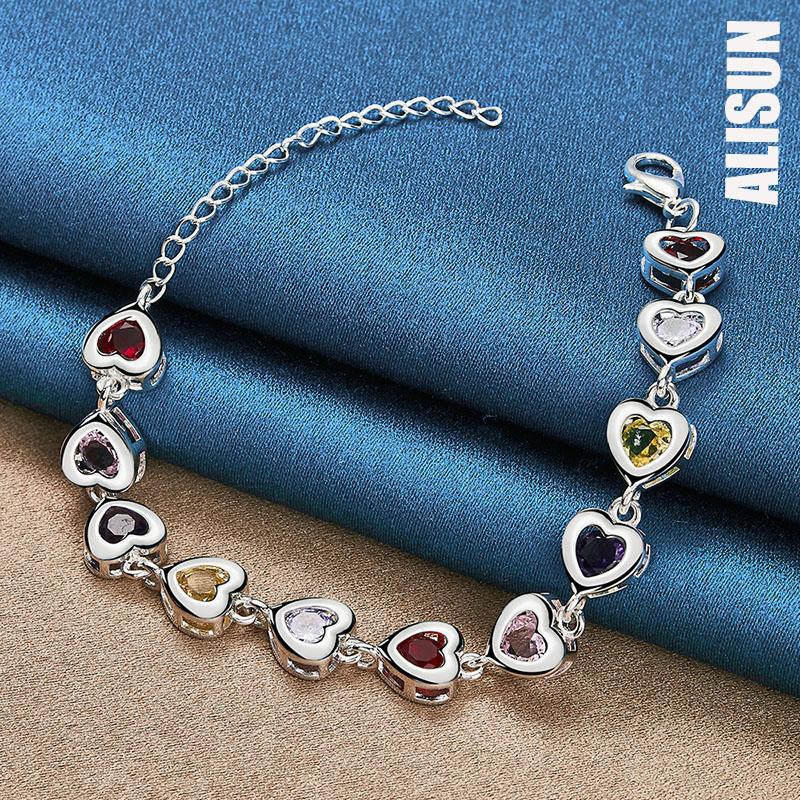 925 Sterling Silver Heart-shaped Inlaid Multi-color AAA Zircon Bracelet Fashionable Wedding Jewelry