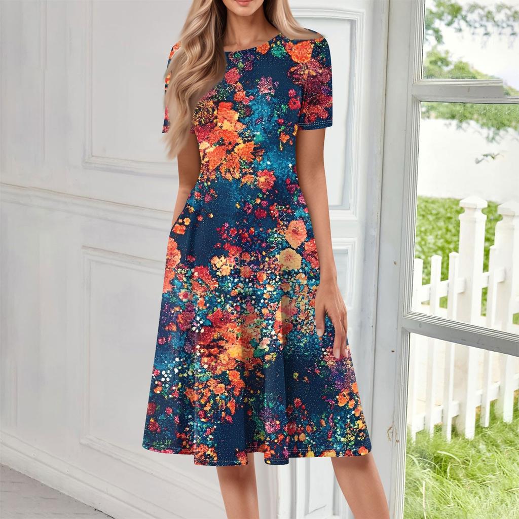 Женское свободное повседневное и модное платье с круглым вырезом и короткими рукавами, средней длины с принтом