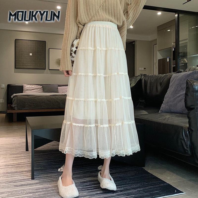 Милые сетчатые юбки женские корейские модные кружевные длинные юбки Y2K Faldas весенние женские элегантные шикарные макси-юбки с оборками