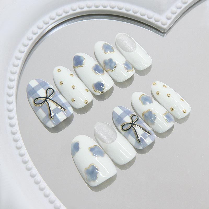 30Pcs 3D Cat Eye Misty Blue Plaid Press‑on Nails, Gold‑Foil Flower Design, Ins Style Reusable False Nails