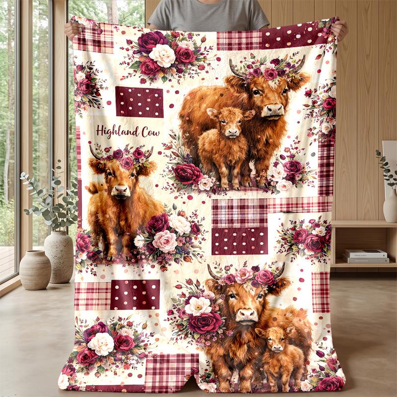 Highland Cow Fabric Patterns Theme blanket Lightweight Warm Flannel Blanket Decorative Throw Blanket for Home Decoration