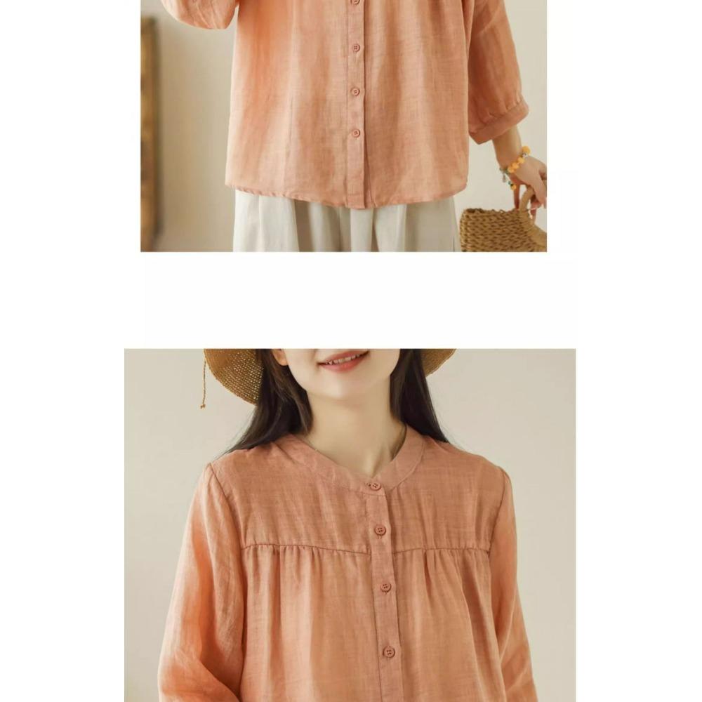 Artistic Retro Spring and Summer New Versatile Loose Slimming Cotton and Linen Cardigan Top Seven Quarter Sleeved Shirt Women's Clothing